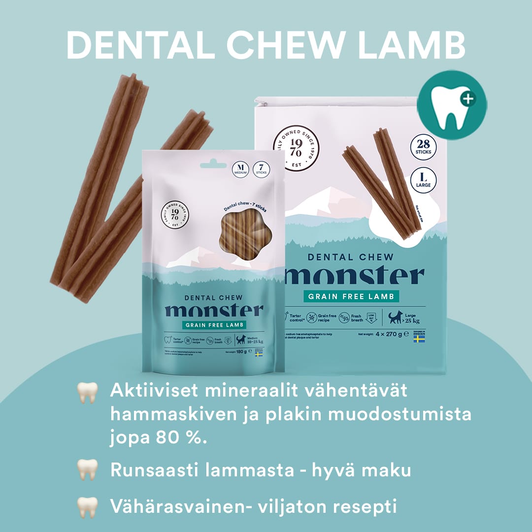 turkoosi tausta ja kuvassa koirien Monster merkkisiä hammaspuruluita ja niiden laatikko