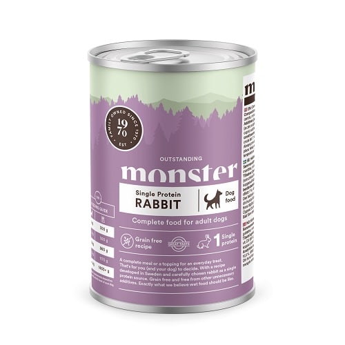 koiran säilykeruokapurkki, jossa vaaleanvioletti etiketti jossa selostettu mitä monster ruoka sisältää