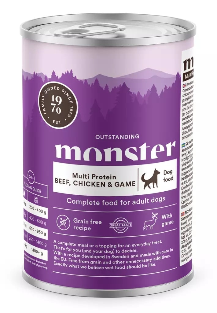 koiran säilykeruokapurkki, jossa violetti etiketti jossa selostettu mitä monster ruoka sisältää
