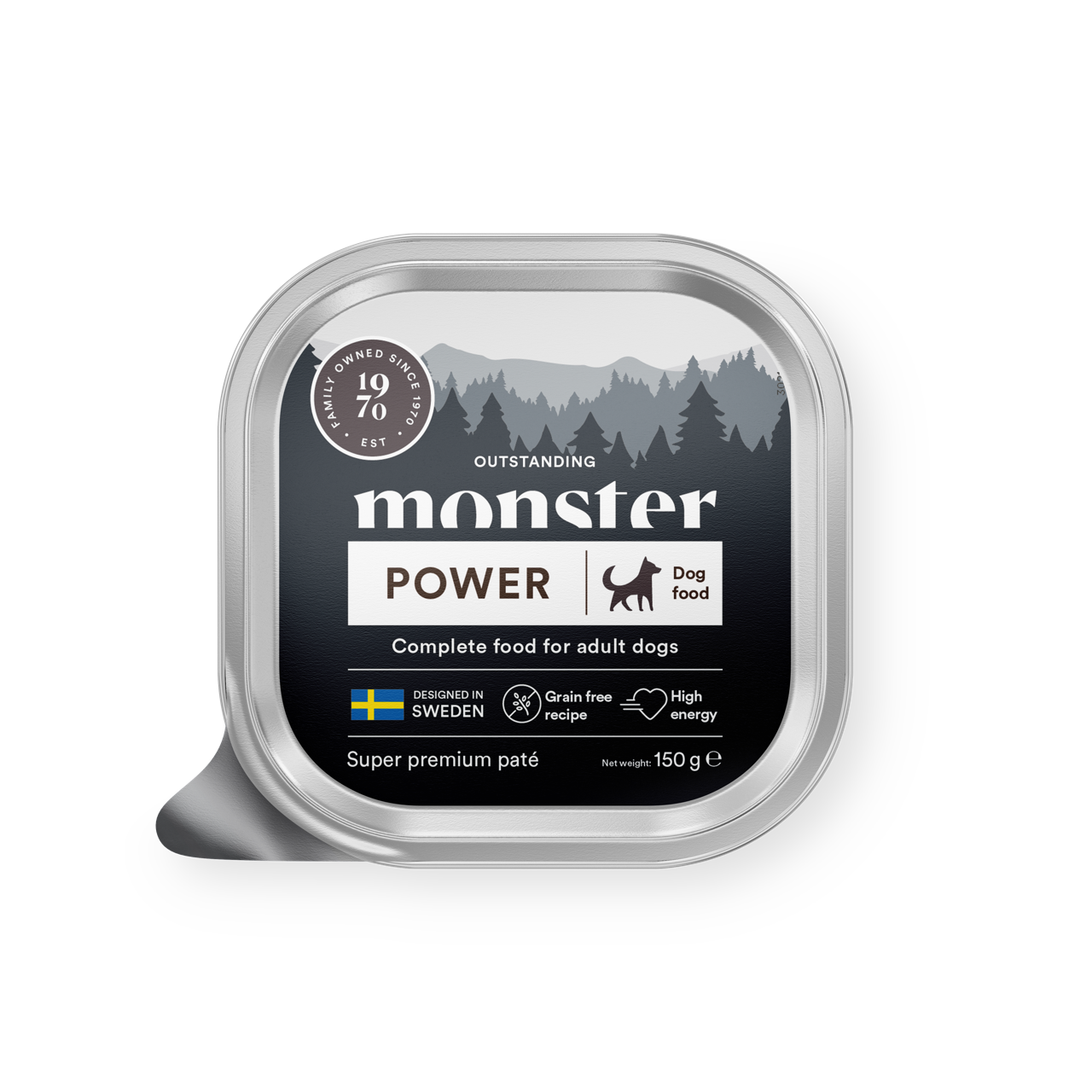 mustan ja hopean värinen pieni 150g neliskulmainen ruokapurkki, jonka sisällä on koiranruokaa