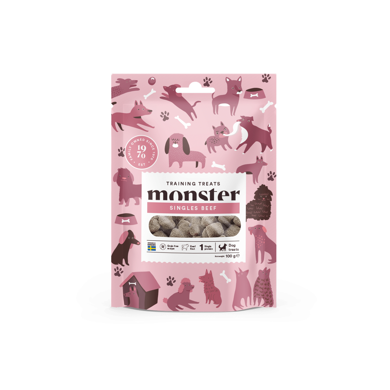pinkki pussi, jossa erilaisia koiran kuvia, sisällä koiran Monster-merkkisiä herkkuja, jotka valmistettu naudasta