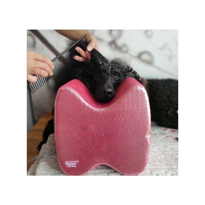 musta villakoira pitää leukaa punaisen topknot tyynyn päällä