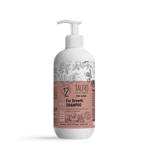 valkoinen tausta, valko-ruskea etiketti, 400ml pumppupullo jonka sisällä eläimille tarkoitettua shampoota