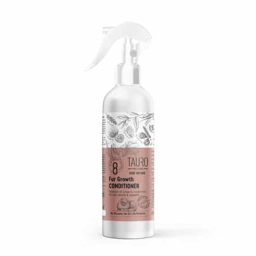 valkoinen tausta, valko-ruskea etiketti, spray pullo jonka sisällä eläimille tarkoitettua hoitosuihketta