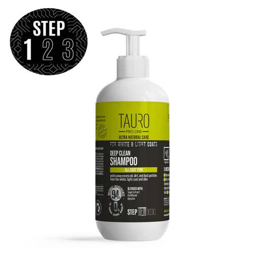 valkoinen tausta, valko-vihreä etiketti, 400ml pumppupullo jonka sisällä eläimille tarkoitettua shampoota